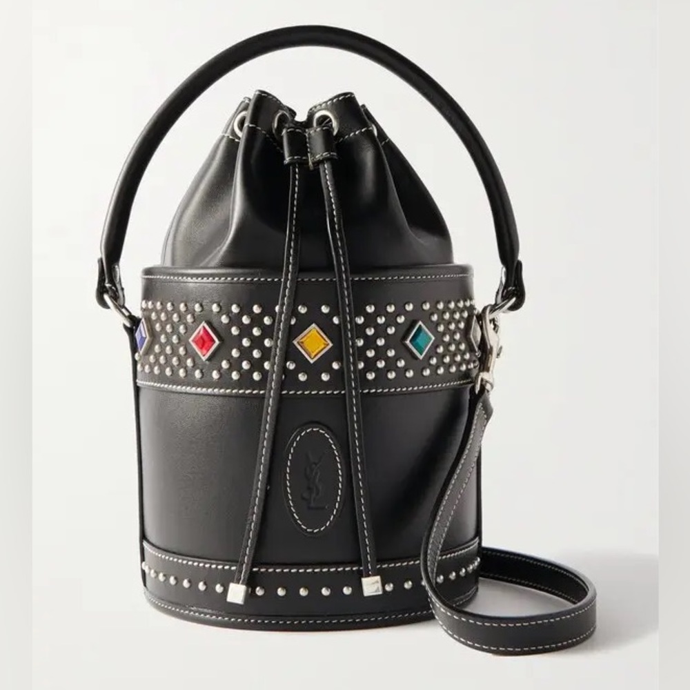 New Saint Laurent logo studded drawstring Bahia Embellished Leather Bucket Bag